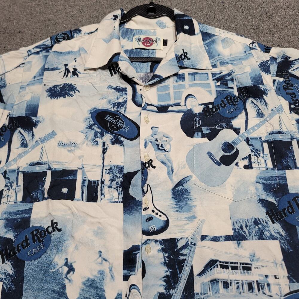 Vintage 90s Hard Rock Cafe Shirt Men Large Blue White Hawaiian Surf Retro USA